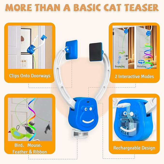 Interactive Cat Toys for Indoor Cats, Automatic Hanging Door Frame Cat Toy with Bird, Mouse & Feather Teasers, Motion Activated Self Play Exercise Toy for Bored Kittens & Adult Cats.