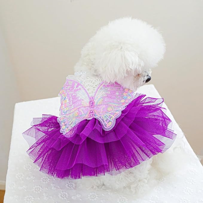 Dog Fairy Costume with Butterfly Wings, Cat Princess Dress for Small Dogs Girls, White Lace Knit Top and Purple Tulle Skirt, Fairy Wings for Dogs Halloween Outfit 14.3-17.6lbs (Purple,XL)