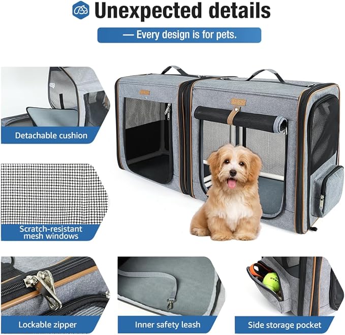 Lekereise Large Cat Carrier for 2 Cats, 2-in-1 Cat Travel Carrier with Litter Box, (17.7" x2) x16.5"x13" Pet Carrier with Zipper Locks for Moving Across The Country (No Hammock) - Grey