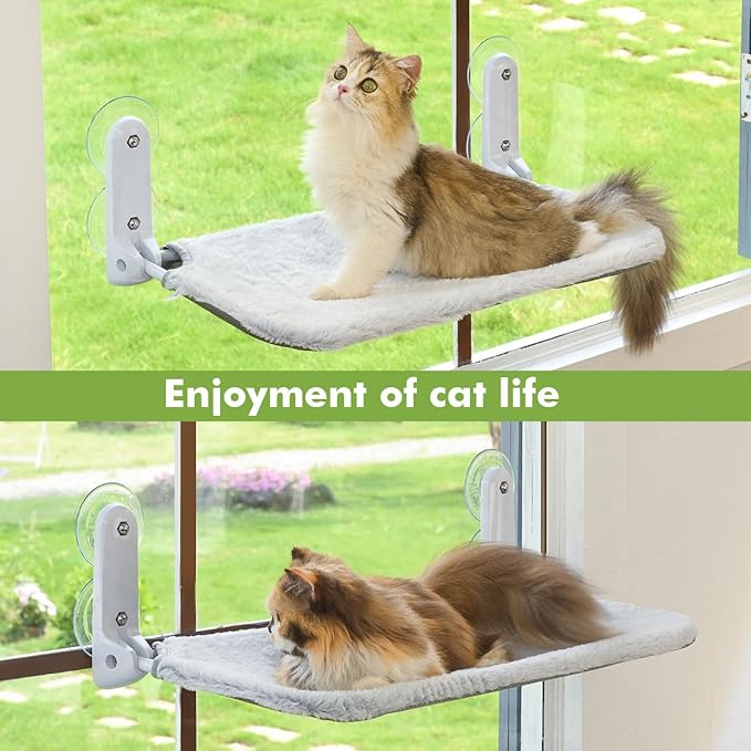 Zoratoo 2PC Cat Window Perch Cordless Foldable Cat Hammock Bed for Window with Metal Frame and Reversible Cover, Large Suction Cups Window Resting Seat for Indoor Cats (Cat Bed, M-2PC)