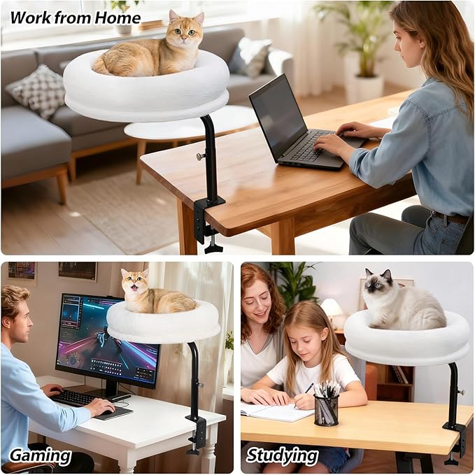 Sunhoo Cat Desk Bed 360° Rotating Height Adjustable Desktop Mount Hammock Kitten Perch Easy Setup Kitty Nest Table Clamp-on Attachment for Indoor Cats Washable 17" Diameter Hold Up to 40lbs(White)