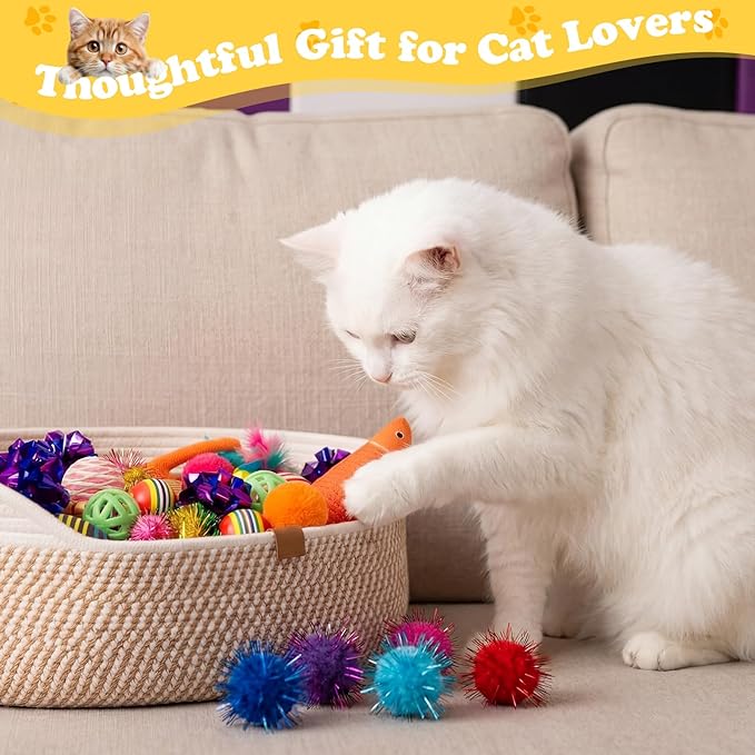 Leitee Sunmmer Cat Bed Storage Basket with 40 Pcs Cat Variety Toys Pack Set Includes Pillows, Spring Toy, Fish, Chew Rope and Balls for Kitten Kitty Swat Hunt Interactive Pet(White,Yellow)