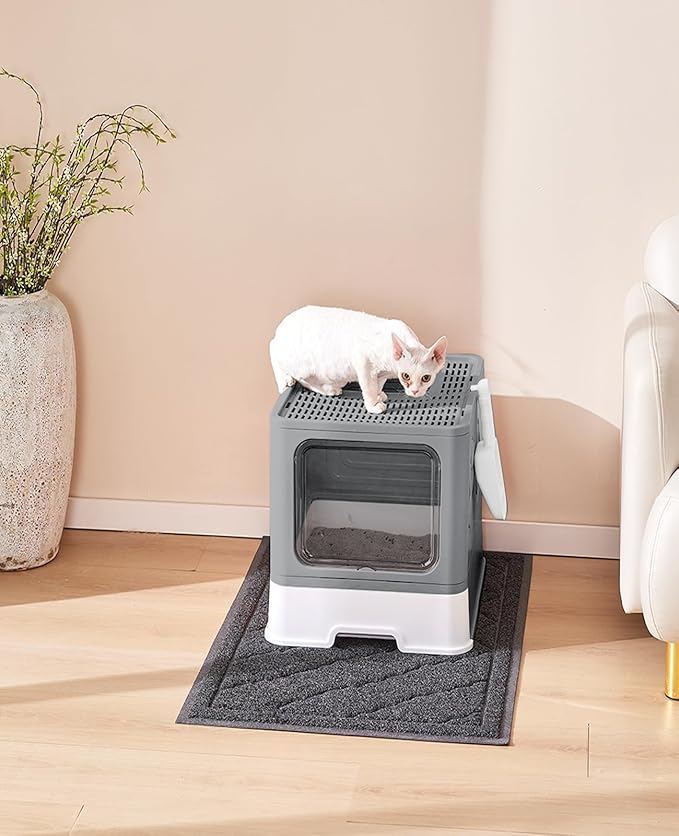 Medario Cat Litter Box with X-Large Litter Mat and Scoop, Large Covered Litter Box with Lid, Enclosed Kitty Box,Front Top Entry Exit, Odor Control Easy to Clean (Upgrade Dark Grey)