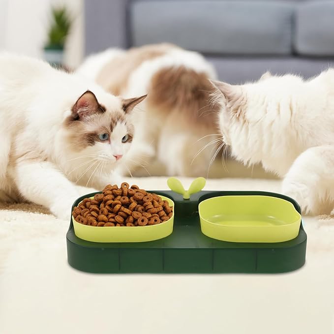KOMBIUDA Cat Pet Bowl Double Feeding and Watering Bowl, Plastic Indoor Pet Food and Water Dish for Cats and Dogs, Sturdy Non-Slip Design, Moss Green, Suitable for Home Use
