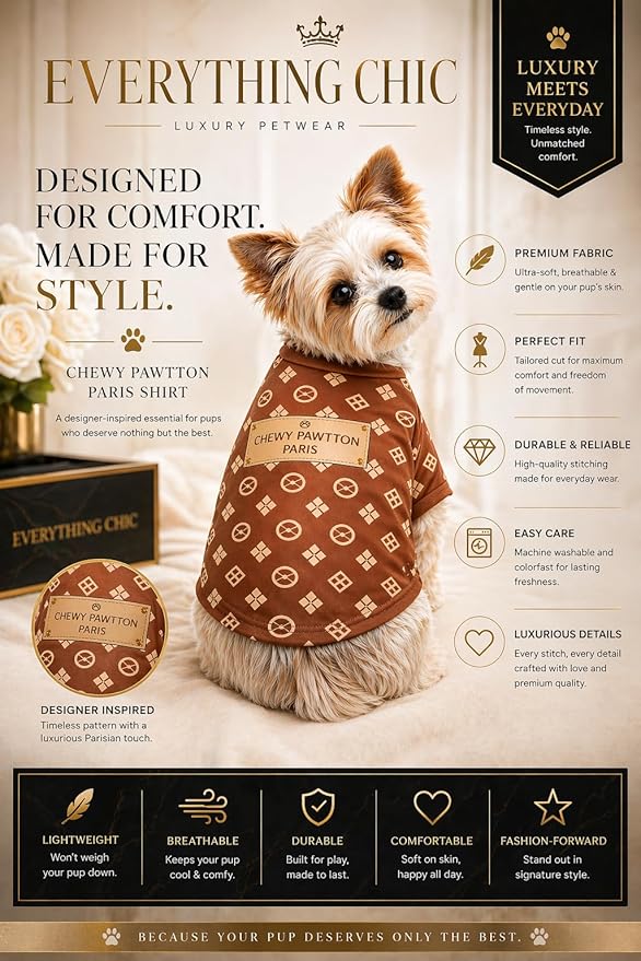 Luxury Designer Dog T Shirt – Trendy Puppy Clothes for Small Dogs, Fashion Pet Tee for French Bulldogs & Chihuahuas, Everything Chic Dog Apparel (ChewyPawttonTee, Medium)