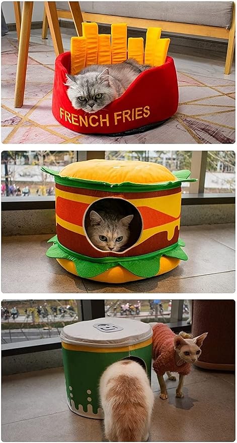 Cat Nest Burger French Fries Shape House Convertible Cat & Dog Nest, Easy to Clean