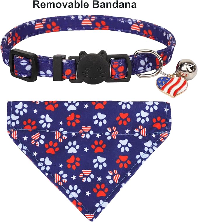PTDECOR American Flag Cat Collar Breakaway with Cute Bow Tie Bell, 4th of July Bandana Collar, Patriotic Cat Bowtie Collars for Kittens (Blue)