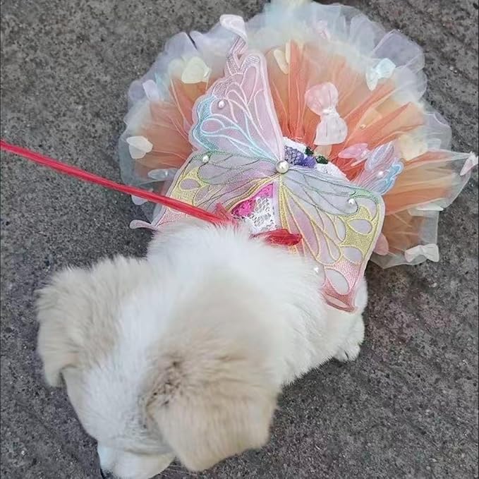 Cat Princess Dress for Small Cats with Necklace, Dogs Lace Wedding Tutu Puppy Butterfly Skirt for Pup Birthday Party