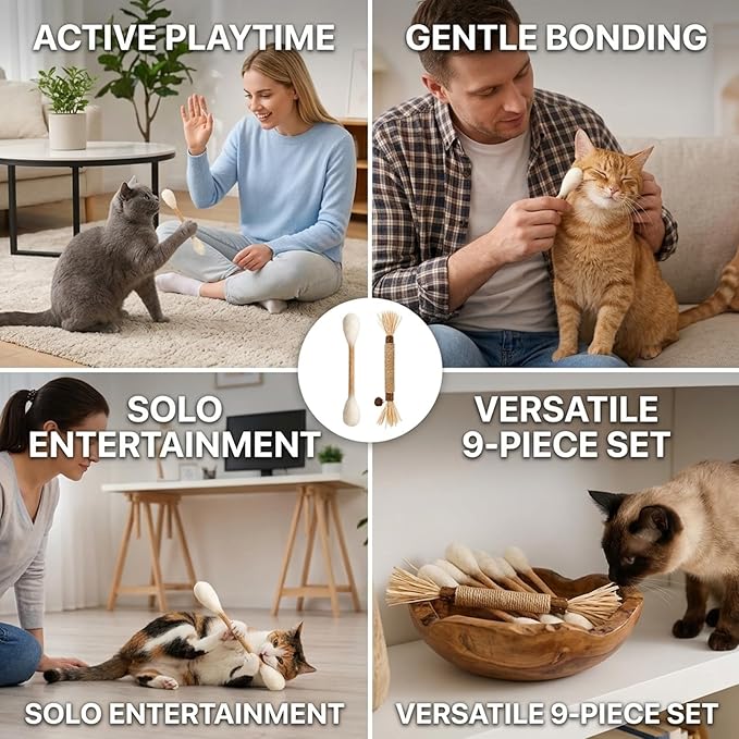 Qtip Cat Toy, Giant Qtip Cat Toy, 9 Pcs with Cotton Swab Design, Interactive Play for Indoor Cats and Kittens, Dental Teething Support and Catnip Entertainment