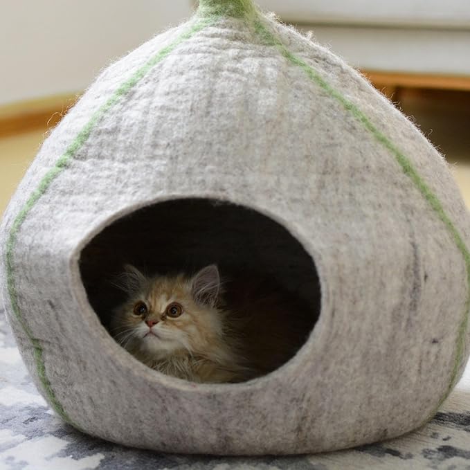 Top Flower Design Felt Cat Cave- Handmade Wool Cat Bed- Premium Pet Furniture