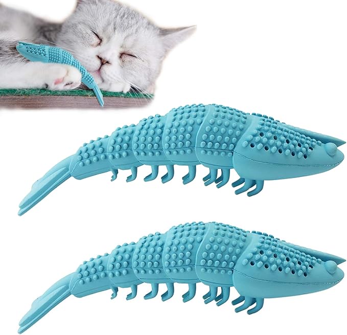 Cat Toothbrush Catnip Toy,Interactive Rubber Dental Care for Pet Kitten Kitty, Crayfish-Shaped Safe Chewing Toy Tooth Cleaning Resistant Cat Toy(2 Pack)