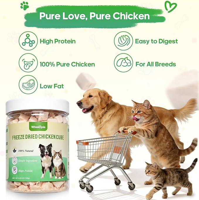 3.53 oz Freeze Dried Chicken Cubes for Dogs and Cats Single Ingredient Raw Chicken Breast Treats High Protein Low Fat Pet Training & Reward Snacks Grain-Free Chicken Bites