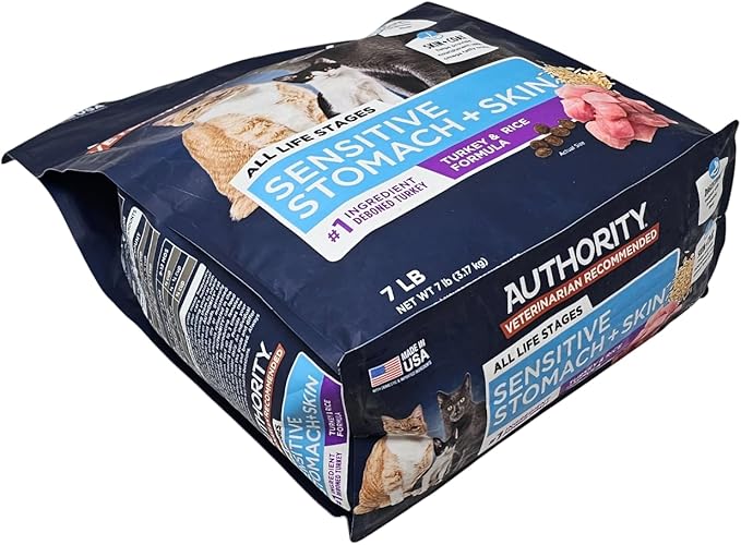 Authority Sensitive Stomach and Skin Dry Cat Food, Turkey and Rice Formula, 7 Pound Bag