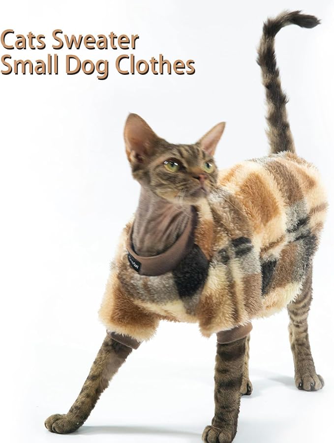 Sphynx Cat Sweater Plaid Hairless Cat Clothes Sweater Fleece Soft Warm Long Sleeves Pullover Pet Clothes Pajamas Dog Cloth for Small Dogs Jumpsuit Pet Sweaters (B-Plaid, Medium)