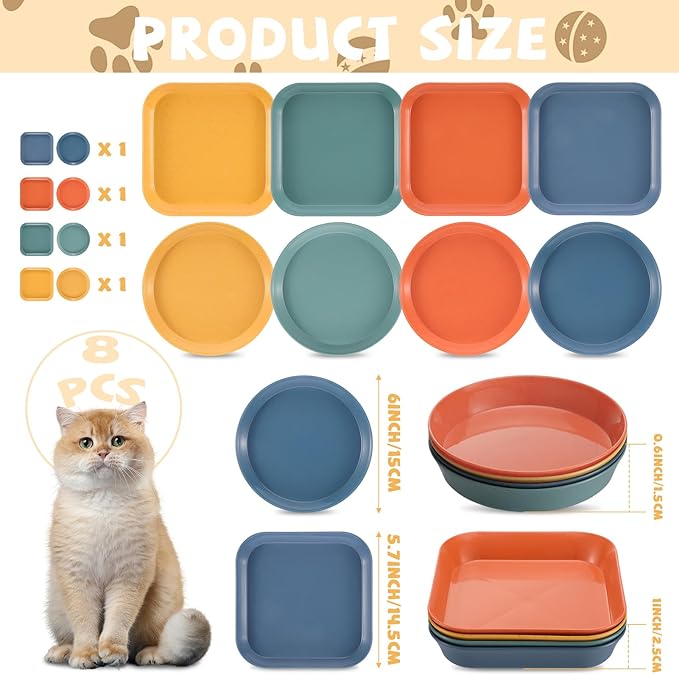 8-Piece Cat Food Bowl Set - Shallow Dish for Wet Feeding, Fatigue Relief, Round & Square Bowls for Cats & Small Dogs