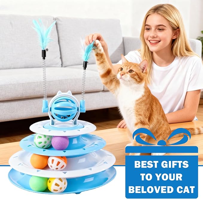 Cat Turntable Toy Ball - Interactive Kitten Toys & Toys for Indoor Cats with 6 Colorful Balls & 2 Cat Teaser Wands, Fun Mental & Physical Exercise Puzzle Plaything for Kitty Kitten to Play (Pink)