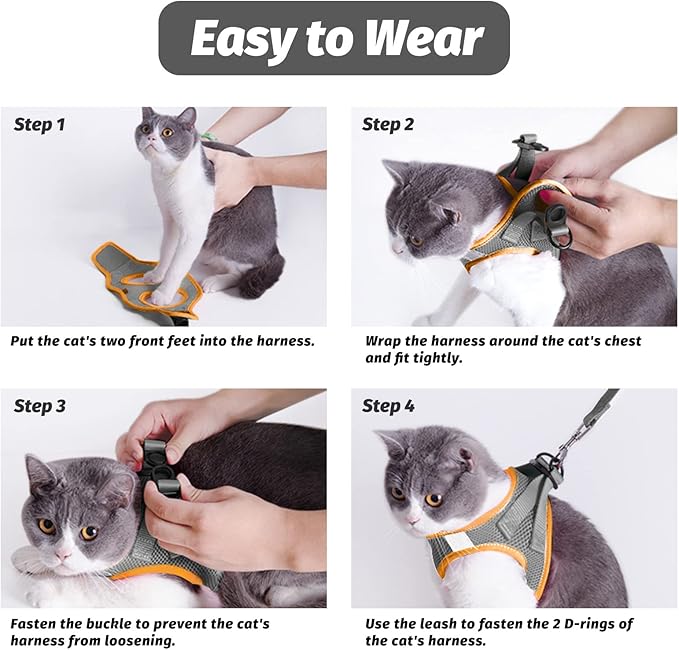FAYOGOO Cat Harness and Leash Set | Upgrade Step-in Escape Proof Harness | Lightweight Soft Vest, No-Choke Design for Walking, Travel, Camping (Gray)
