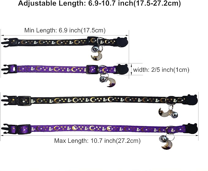 2 Pack Breakaway Cat Collars, Glow in Dark with Bell & Moon Star Pendant, Safety Buckle Kitten Collars Adjustable from 6.9-10.7" (Pink/Purple)