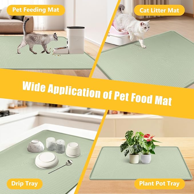 Lorvain 45" x 30" Cat Food Mat, Extra Large Silicone Pet Feeding Mat with Raised Edges, Pet Placemat for Cat Dog Food and Water Bowl Waterproof, Non-Slip, Easy to Clean, Floor Protection, Green