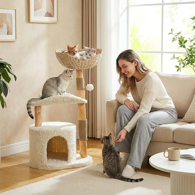 MUTTROS Modern Cat Tree Tower for Large Cats, Wood Cat Tower with Natural Scratching Post, Solid Wood Condo, Real Branch Luxury Cat Furniture with Curved Bed, Top Basket, White