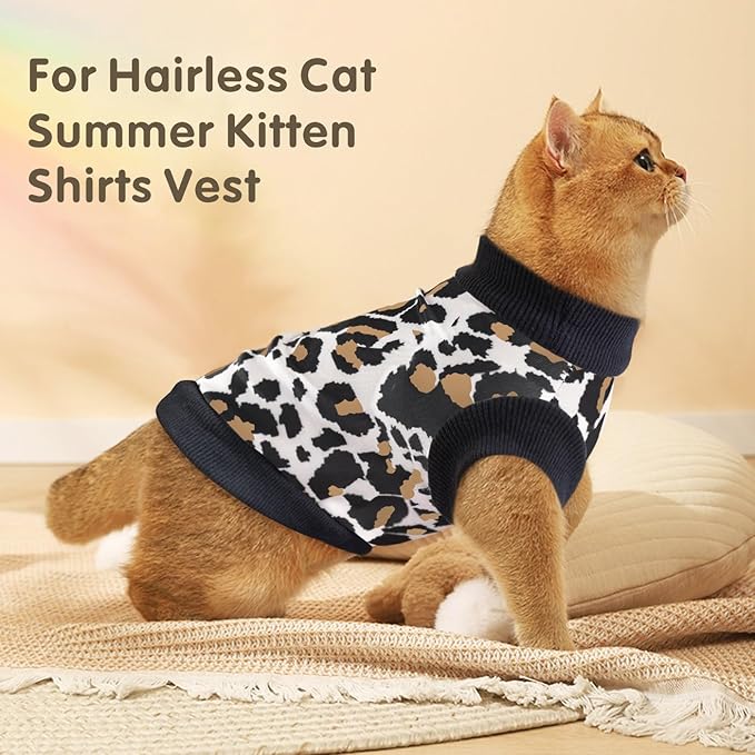 Idepet Cat Clothes Kitten Sweater Soft Kitten Shirt Cute Leopard Print Kitty Vest Pullover Pajamas Jumpsuit Cotton Apparel for Hairless Cats &Puppy (White,M)