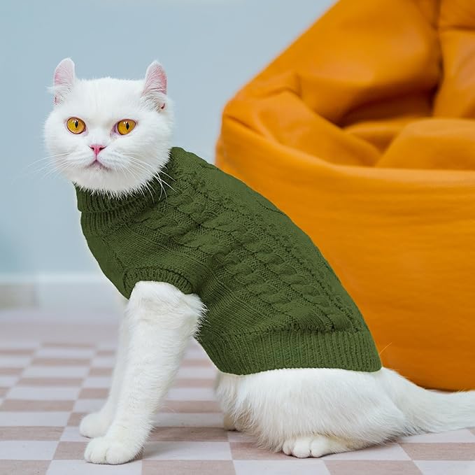 PUPTECK Winter Cat Sweater Coat - Soft Warm Cold Weather Clothes Knitwear for Kittens & Small Dogs Indoor Outdoor Wearing, Knitted Classic for Doggies Kitties Girls Boys, Dark Green, L