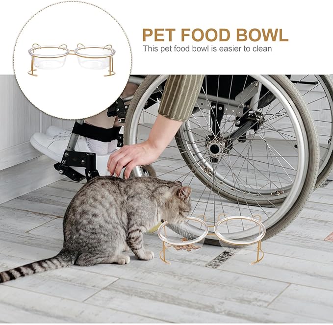 BESTYASH Raised Double Glass Cat Bowl Gold Metal Stand Non-Slip Elevated Pet Feeding Dish Cats and Dogs Feeding and Watering