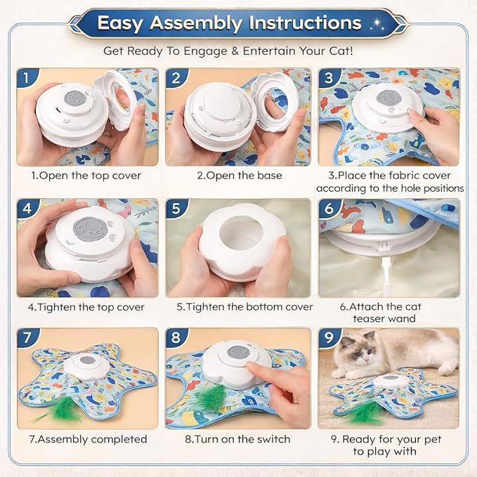 Rotating Interactive Cat Toys with Squeaker for Interactive Playing, Anxiety Relief Boredom Rechargeable Automatic Moving Concealed Feathers Toys Touch Activated for Indoor Adult Cats and Kittens