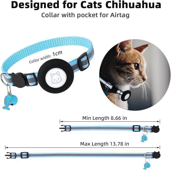 Airtag Cat Collar, Air tag Cat Collar with Bell and Safety Buckle in 3/8" Width, Reflective Collar with Waterproof Airtag Holder Compatible with Apple Airtag for Cat Dog Kitten Puppy (Black+Blue)
