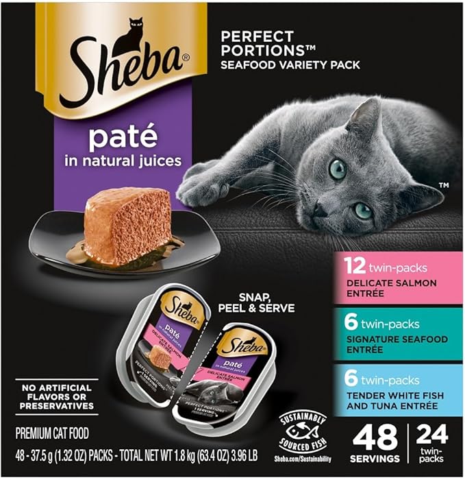 Sheba Perfect Portions Wet Cat Food Pate with Sustainable Salmon, Signature Seafood Entree, and Tender White Fish and Tuna Entree Variety Pack, 2.6 oz. Twin Pack Trays (24 Count, 48 Servings)
