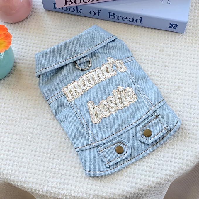 Light Blue Denim Dog Vest for Small Dogs & Cats, “Mama’s Bestie” Embroidered Jean Jacket with D-Ring, Soft Lightweight Pet Outfit for Walks, Parties & Daily Wear(XL)