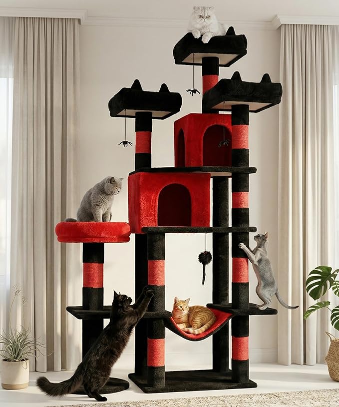 Heavy Duty Cat Tree for Indoor Cat, 71 Inch Large Cat Tower with Scratching Post and Top Perch, Hammock, Big Cat Condo for Adult Cats Kittens, PMT03RD, Black Red