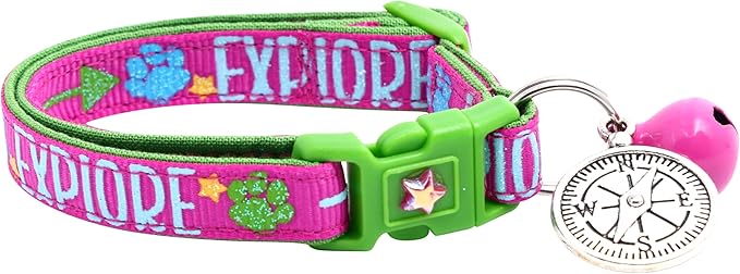 Explore Cat Collar with Charm & Bell | Safety Breakaway Collar | Adjustable Large Size or Kitten Collar (Pink, Small(10lbs & Less))