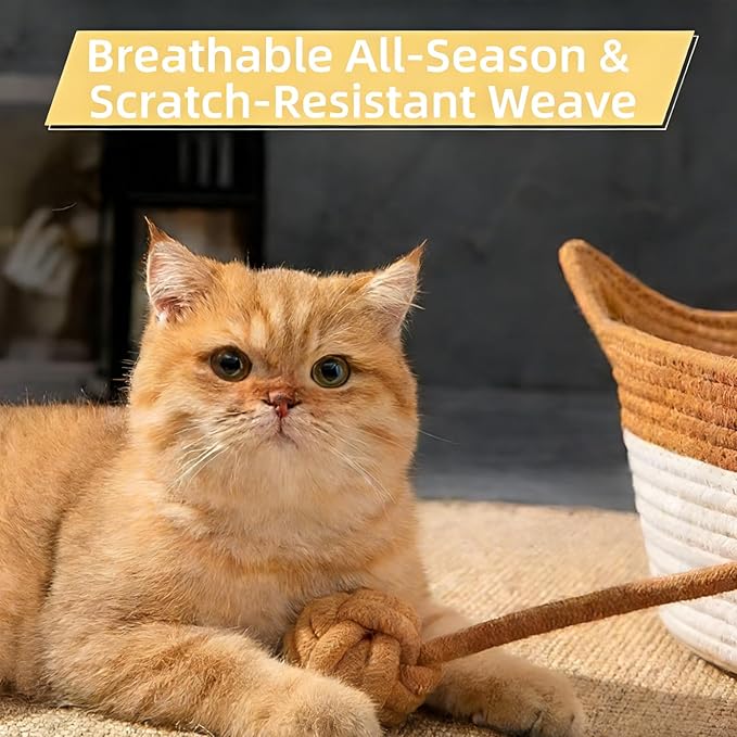 Large Stimulicat Cat Bed Rope Cotton with Cushion, Eliminates Bed Rejection Round Pet Basket, Boho Catbed for Cats Handwoven Scratchable Breathable Weave