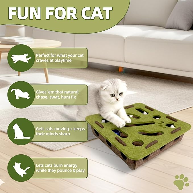 Interactive Soft Felt Cat Puzzle Toy with Ball and Bell,cat Nail File Enrichment Box,Cat Toy Box for Indoor Cats and Kittens,Indoor Hunting Play Toy (Green)