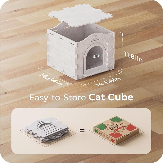 Cat Bed Cave for Indoor Cats: New Felt Cat Bed with Fluffy Ball Hanging, Foldable Cat House with Scratch-Resistant Board, Hideaway Cat Cave for Timid Cats, Sturdy Two-Tier Cat Condo - Gray