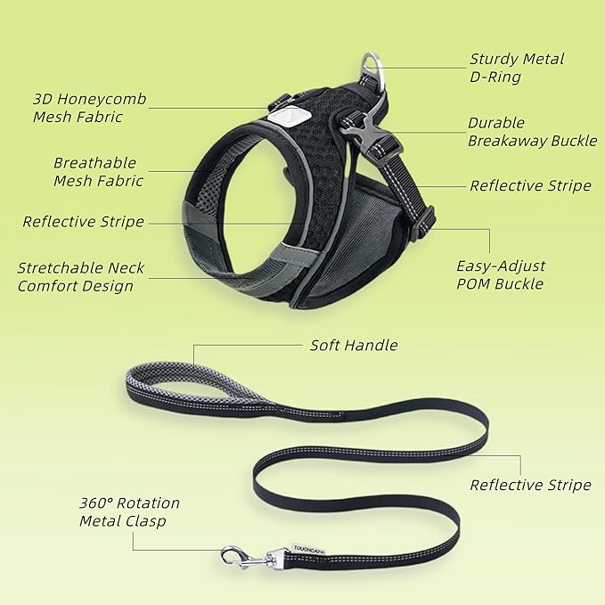 Cat Harness and Leash Set for Comfortable Outdoor Walking, Escape Proof, Adjustable Soft Kitten Vest Harness with Reflective Strip for Cats, Small Dogs (Black, M)