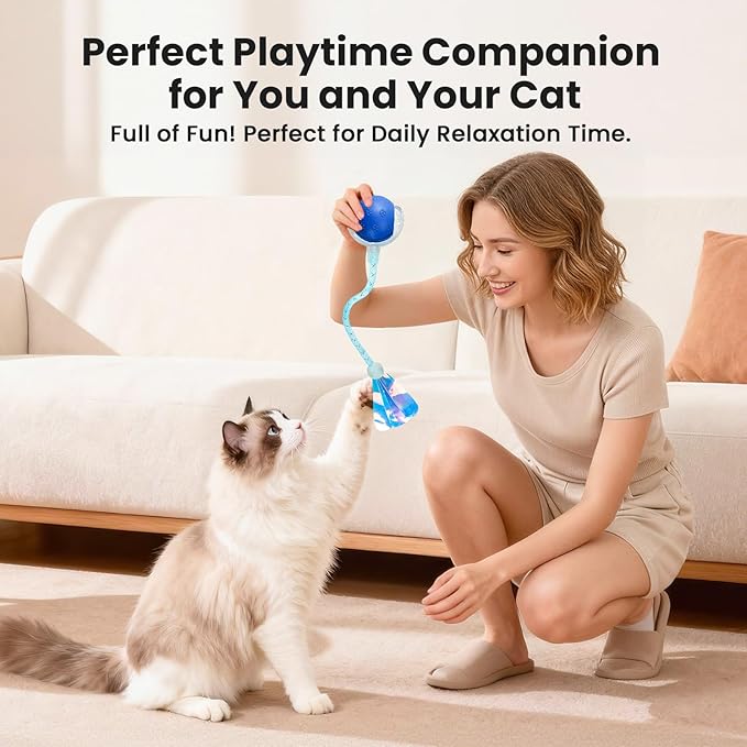 Cat Toys, Cat Toys for Indoor Cats, Cat Toys Interactive, 360° Rotating Automatic Interactive Cat Ball with Smart Activation, LED Light, Type-C Rechargeable, 3 Replaceable Dragonfly Tails, Bored(Blue)