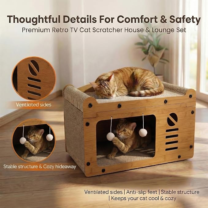 Luxury Cat Scratcher House, Retro TV Shaped Cat Condo, Large Cardboard Cat Scratching Board with Premium Dark Walnut Finish, Elegant Pet Furniture, 22x12x12in