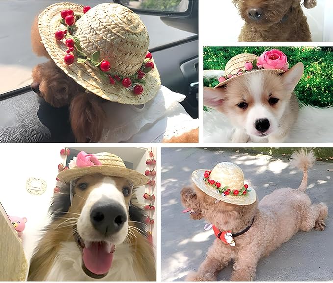 NACOCO Cat Hat Sunflower Straw Hat Handcrafted Rose Lovely Sun Cap Accessories for Small Dogs and Cats Photograph (S, Pink Rose)