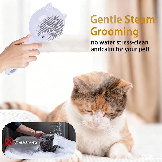 Pet Steam Brush for Cats & Dogs ,3-in-1 Pet Grooming Comb,Reduces Shedding, Soft Bristles, Promotes Healthy Coat-Comes - Includes Waterless Shampoo,White