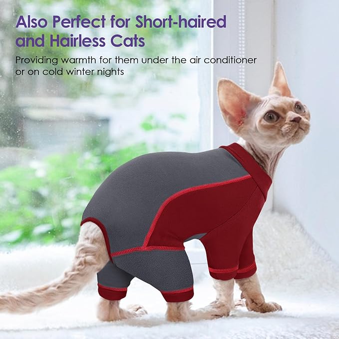 Hair Sticky Cat Clothes, Cat Sweater for Cats Only, 4-Legged Fleece Sweaters Kitten Pajamas Reduce Shedding Fur, Warm Pullover Shirts for Cats, Red XL