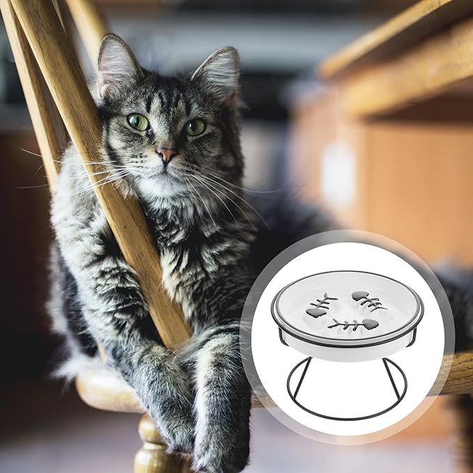 Tofficu Ceramic Elevated Cat and Small Dog Slow Feeder Bowl with High Stand, Raised Non-tip Feeding Dish for Spine Protection, Black Three-Fish Design Suitable for Indoor Pets