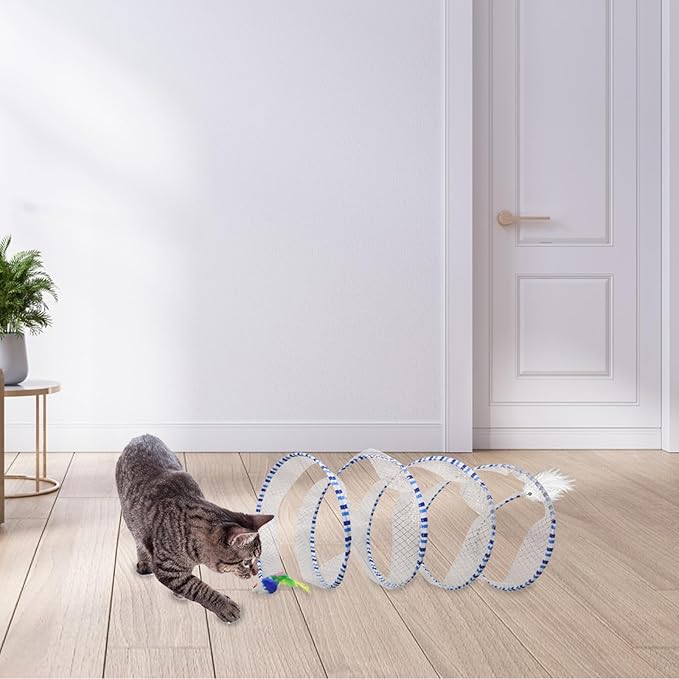 Andiker Cat Tunnel Toy, 10inch Collapsible Metal Cat Spring Toy with Nylon Mesh, Feather, Mouse, and Bell, Interactive Cat Toys for Indoor Cats to Scratch, Puzzle, Relax and Kill Time (Yellow)