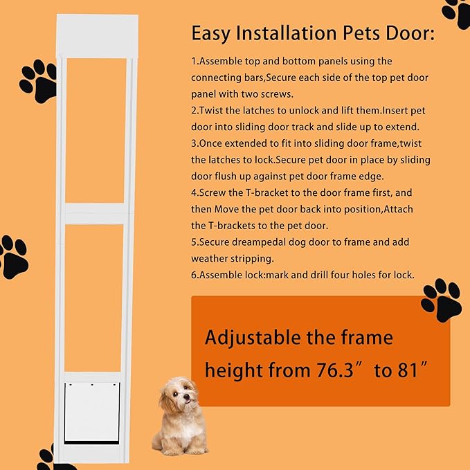 Cat Dog Door Insert for Sliding Patio Door - Sliding Glass Cat Door with Lockable Weather Proof Panel - Adjustable Height 76.38" to 81.1"