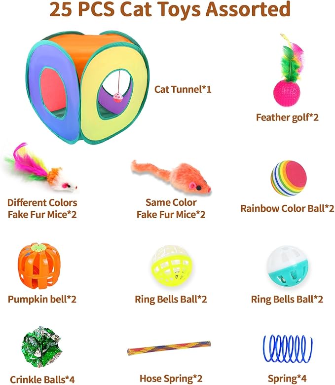 iCAGY 25 Pcs Cat Toys for Cats, Indoor Kittens - Interactive Variety Pack, Cat Cube Tunnel, Feather Golf, Mice, Springs, Balls, Noise Toys - Rainbow/Colorful