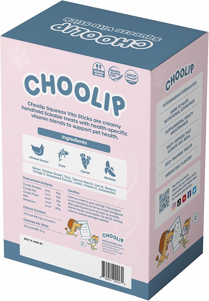 Choolip Squeeze Vita Stick Lickable Cat and Dog Treats – 49-Count Eye Support Sticks with Multivitamins, Soft Squeezable Paste for All Life Stages, Supporting Eye Health - Box with 7 Pouches