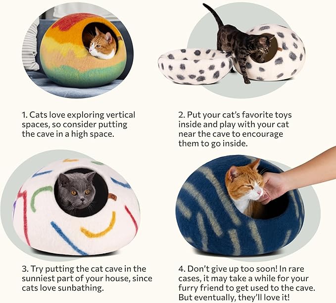 MEOWFIA Cat Cave – Premium Felt Cat Bed for Indoor Cats, Handmade Merino Wool (Ivory Rainbow, Large)