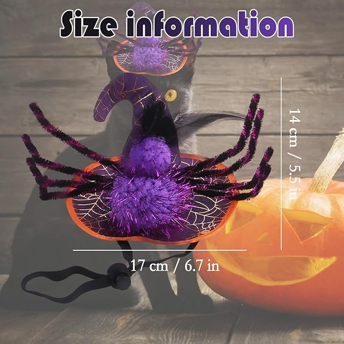 Halloween Adjustable Witch Pet Hat for Cats Dogs Purple Spider Pet Hat for Small and Medium Cats Dogs Halloween Funny Head Accessories