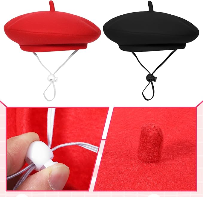 2 PCS Dog Beret Cat Beret Dog French Hat Fedora Artist Pet Costume Berets for Small Dogs Cat Photo Props for Pets (Black, Red)